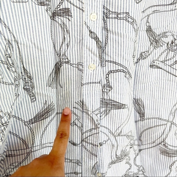 Lauren Ralph Lauren Belt Print Button Down Striped Preppy Blouse Large - Picture 10 of 11